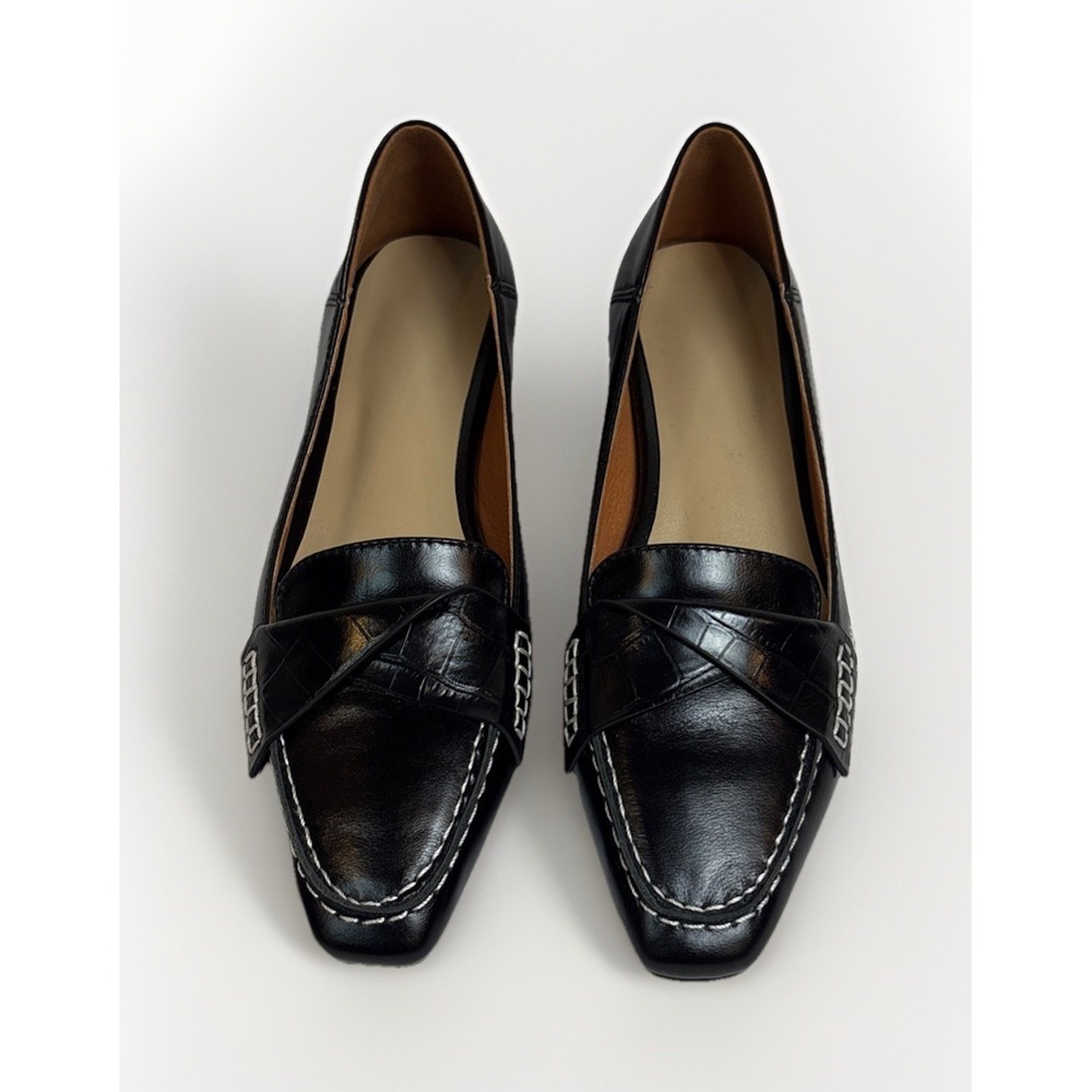 TinaCus Handmade Women's Leather Square Toe Cross Band Low Chunky Heel Loafers
